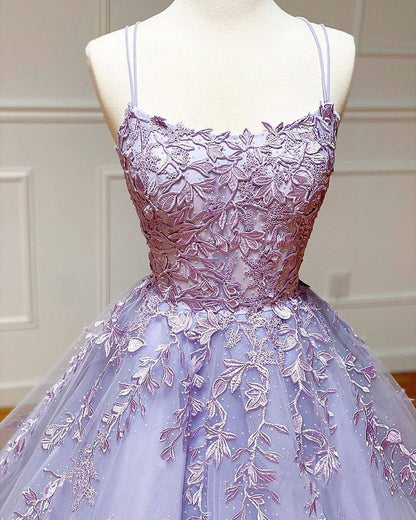 Long A-Line Spaghetti Straps Lace Tulle Open Back Prom Dress