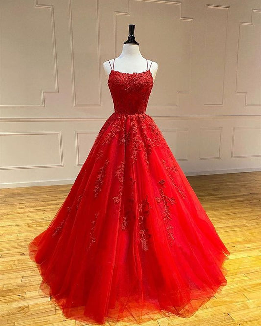 Long A-Line Spaghetti Straps Lace Tulle Open Back Prom Dress