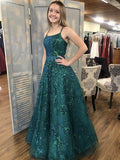 Long A-line Square Neckline Tulle Lace Graduation Evening Prom Dresses