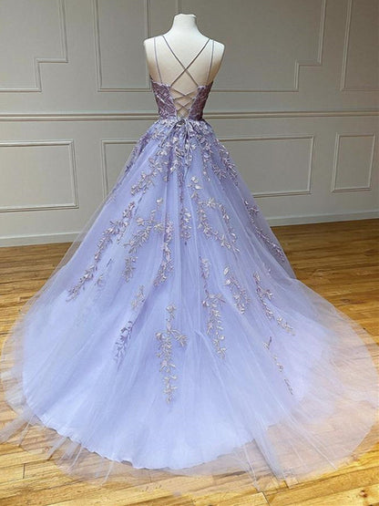 Long A-line Strapless Backless Tulle Lace Formal Graduation Prom Dresses