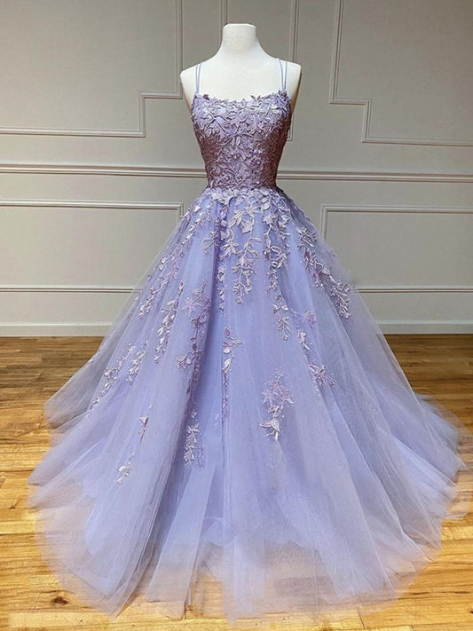Long A-line Strapless Backless Tulle Lace Formal Graduation Prom Dresses