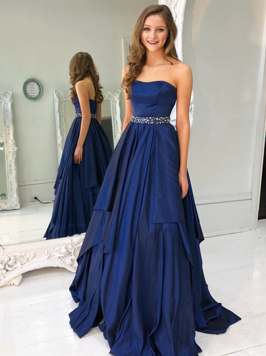 Vestido de fiesta largo de satén sin tirantes, corte A, color azul marino oscuro, para graduación y noche.
