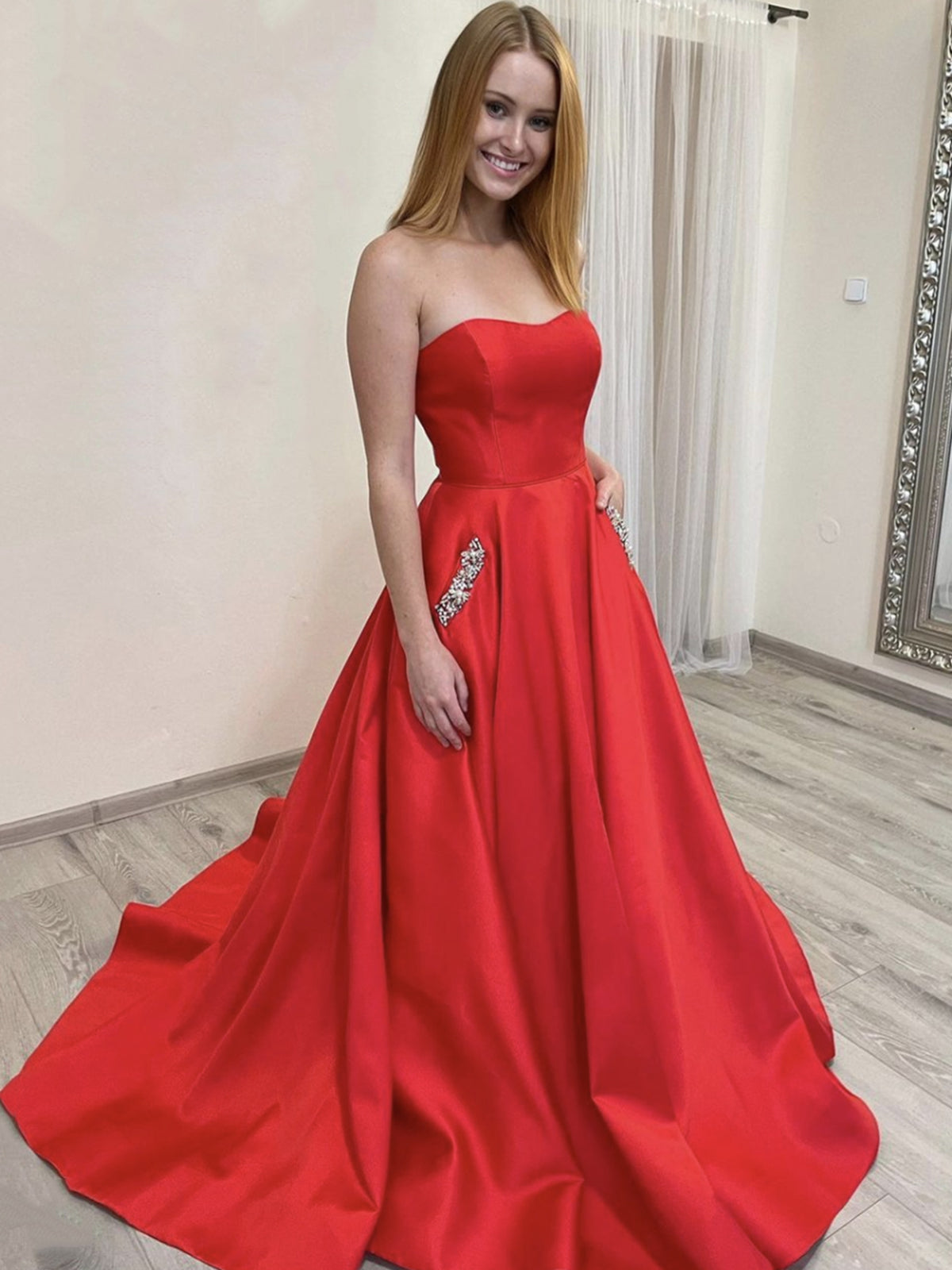 Long A-line Strapless Satin Prom Dress Red Formal Graduation Evening Dresses with Pockets