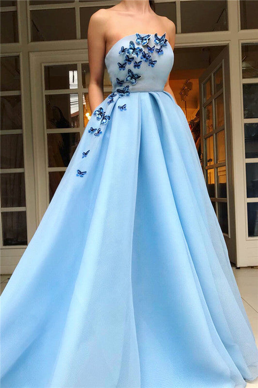 Langes, trägerloses Satin-Ballkleid in A-Linie mit Taschen