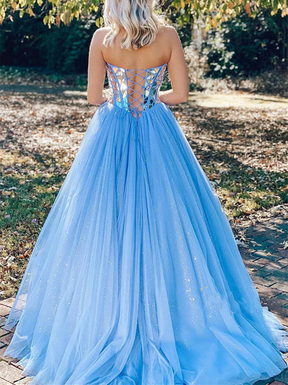Vestidos de fiesta largos de tul con lentejuelas y sin tirantes, de corte A, azules, formales, para noche de graduación
