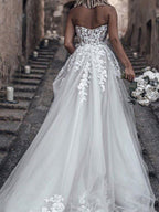Long A-Line Strapless Sweep Brush Train Lace Tulle Sleeveless Wedding Dresses