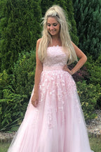 Langes trägerloses A-Linien-Ballkleid aus Tüllspitze in Rosa