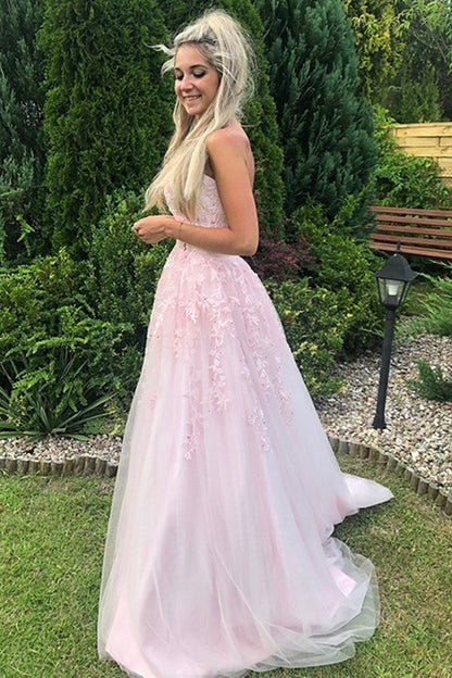 Vestido de fiesta largo de tul con encaje y corte en A, sin tirantes, color rosa, para graduación formal y noche.
