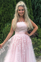 Langes trägerloses A-Linien-Ballkleid aus Tüllspitze in Rosa