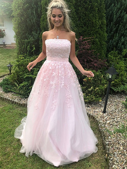 Vestido de fiesta largo de tul con encaje y corte en A, sin tirantes, color rosa, para graduación formal y noche.