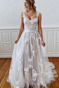 Vestido de novia largo de tul con escote en A, tirantes finos, apliques de corazón y encaje