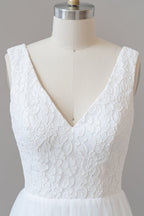 Long A-line Straps V-neck Chiffon Open Back Wedding Dress
