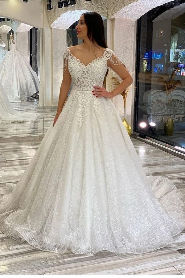 Vestidos de novia largos de corte A con escote en forma de corazón, espalda descubierta, lentejuelas, apliques de encaje