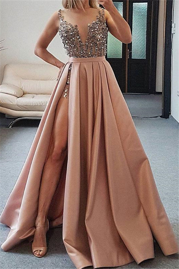 Langes A-Linien-Ballkleid aus Satin mit Herzausschnitt und Perlenbesatz und Schlitz