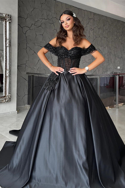 Langes A-Linien-Abendkleid mit Herzausschnitt und schulterfreiem Satin in Schwarz mit Spitze