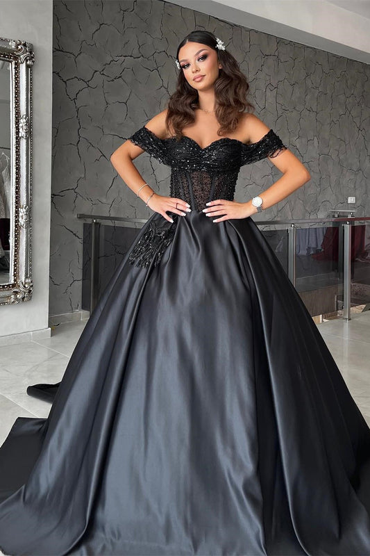 Langes A-Linien-Abendkleid mit Herzausschnitt und schulterfreiem Satin in Schwarz mit Spitze