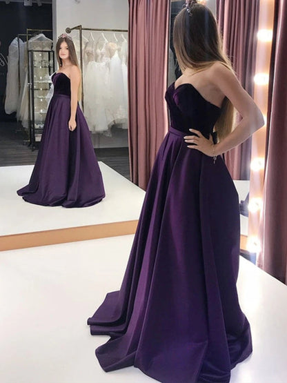 Vestido de fiesta largo de satén con escote en forma de A, espalda descubierta, de terciopelo, formal, de noche, con bolsillos
