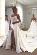Long A-line Sweetheart Satin Backless Wedding Dress with Slit