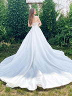 Long A-line Sweetheart Satin Wedding Dress Open Back Bridal Gowns with Pockets