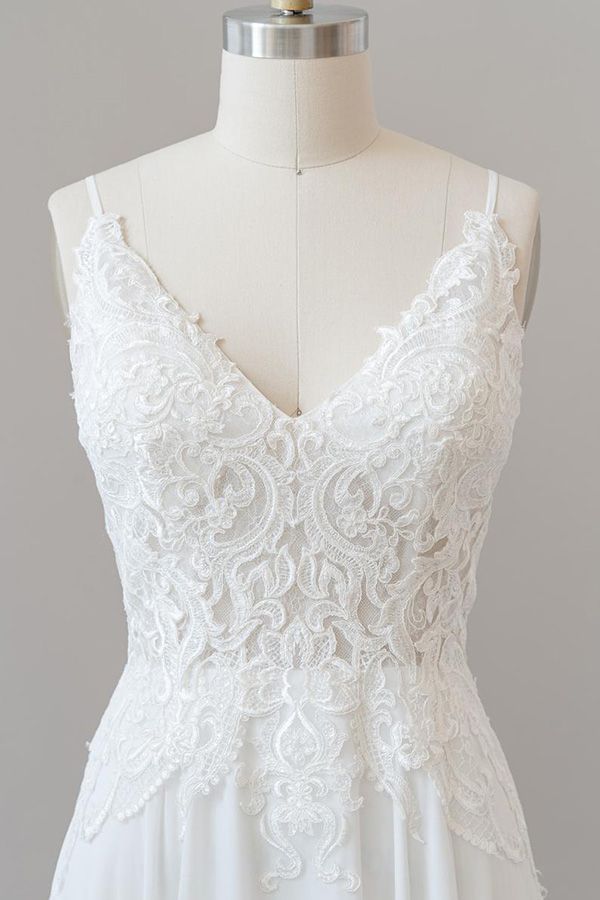 Long A-line Sweetheart Spaghetti Strap Appliques Chiffon Wedding Dress