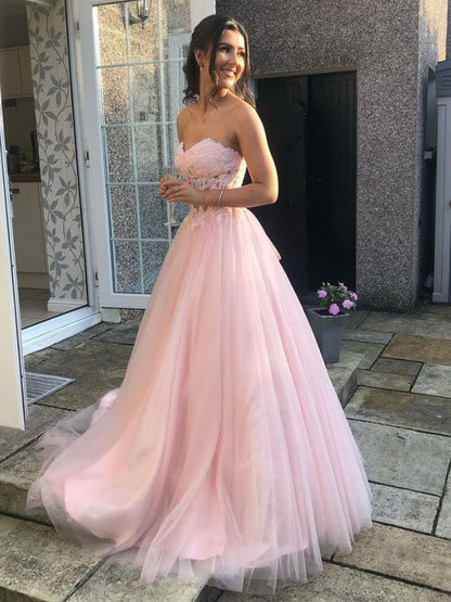 Vestido de fiesta largo de tul con escote en forma de A y encaje rosa