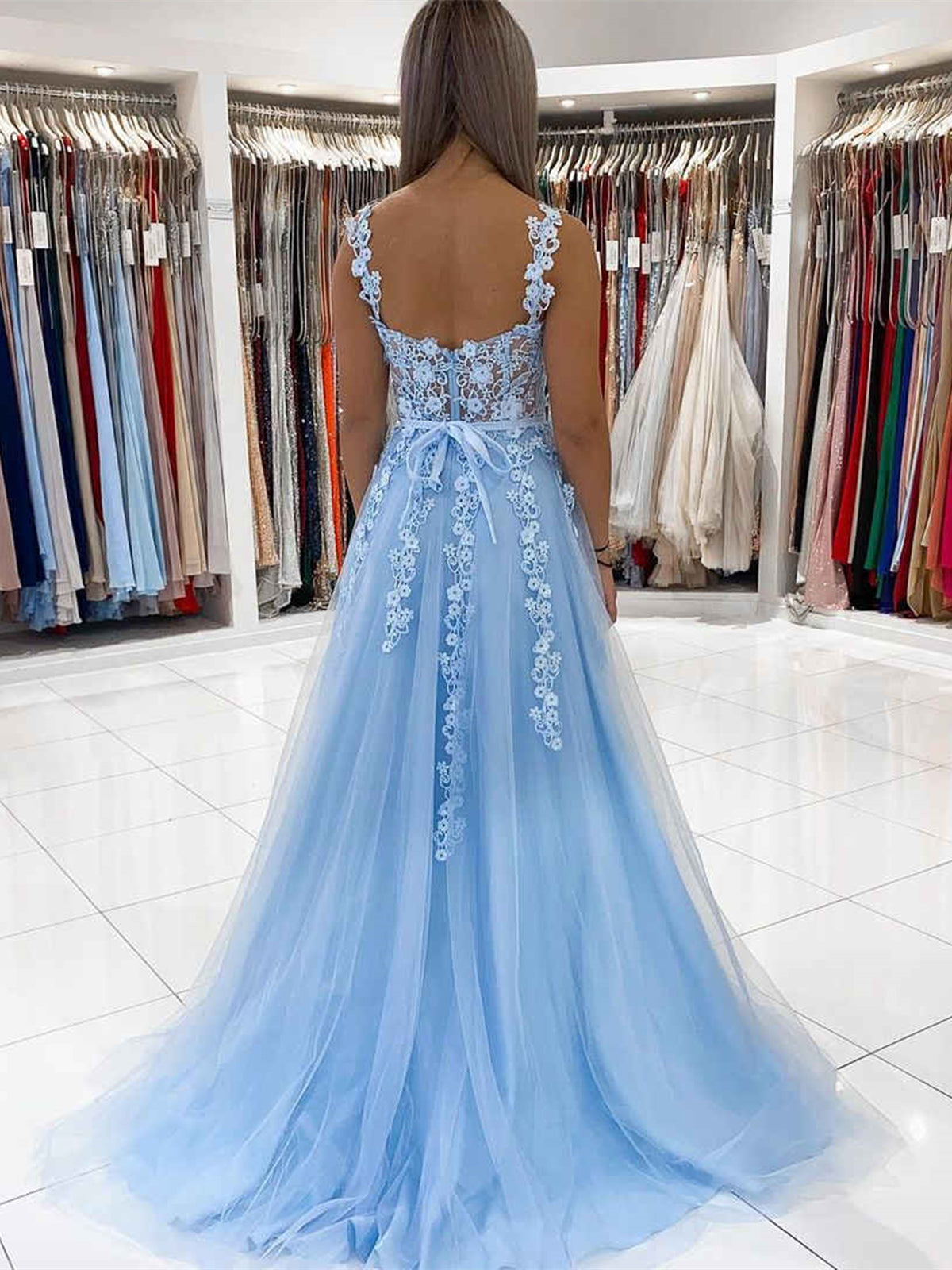 Vestido de fiesta largo de tul con escote en forma de A y encaje en azul cielo, vestido formal de noche para graduación con flores 3D.