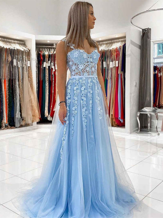 Vestido de fiesta largo de tul con escote en forma de A y encaje en azul cielo, vestido formal de noche para graduación con flores 3D.