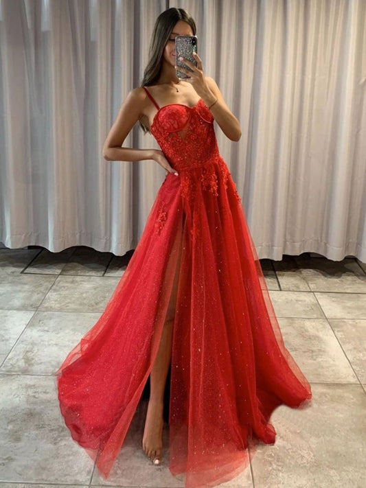 Long A Line Sweetheart Tulle Lace Prom Dress with Slit Red Formal Evening Gowns