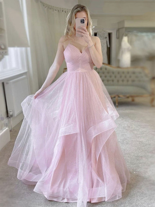 Long A-line Sweetheart Tulle Prom Dress Pink Formal Evening Gowns