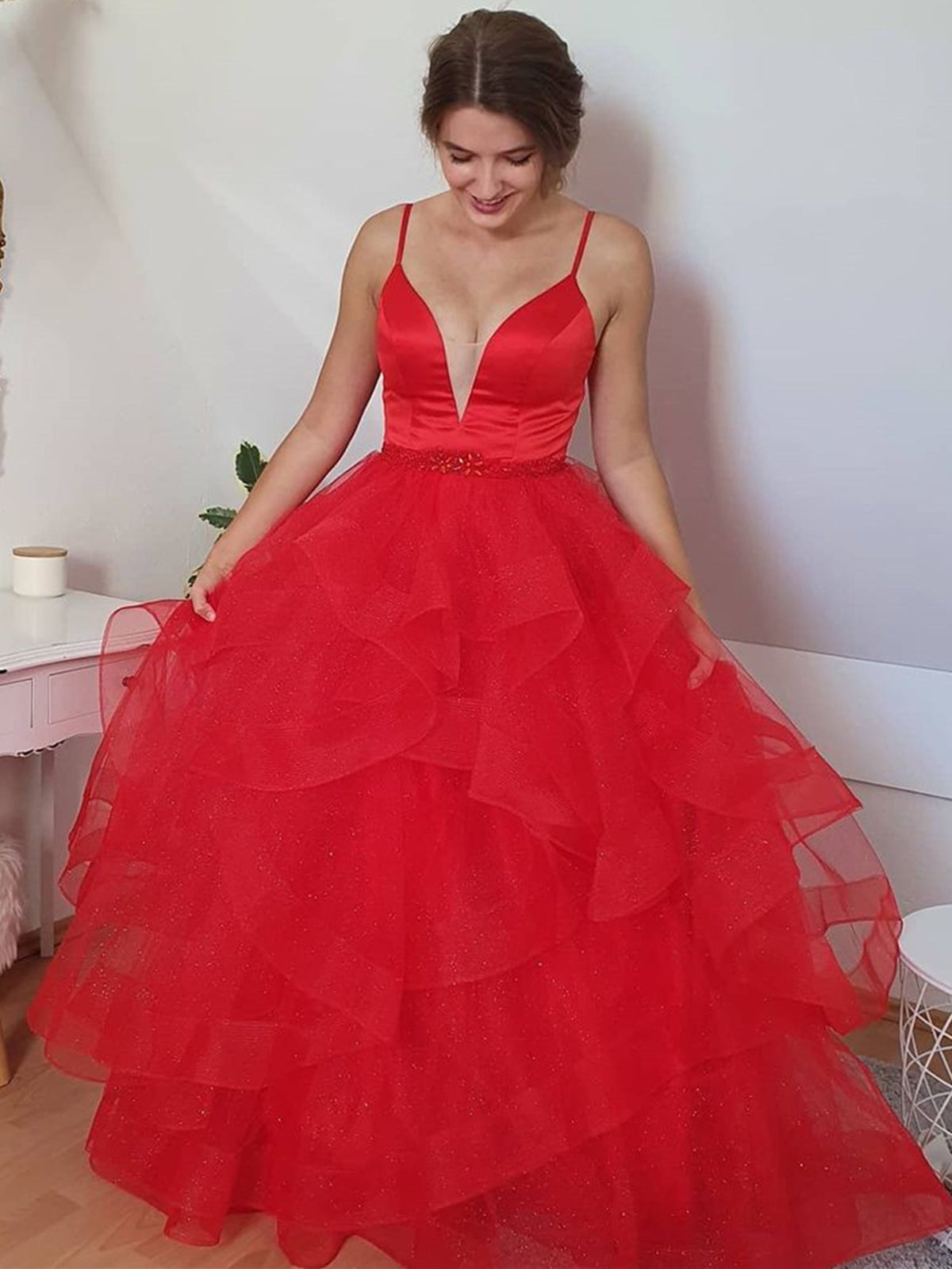 Long A-line Sweetheart Tulle Prom Dress Red Formal Evening Gowns