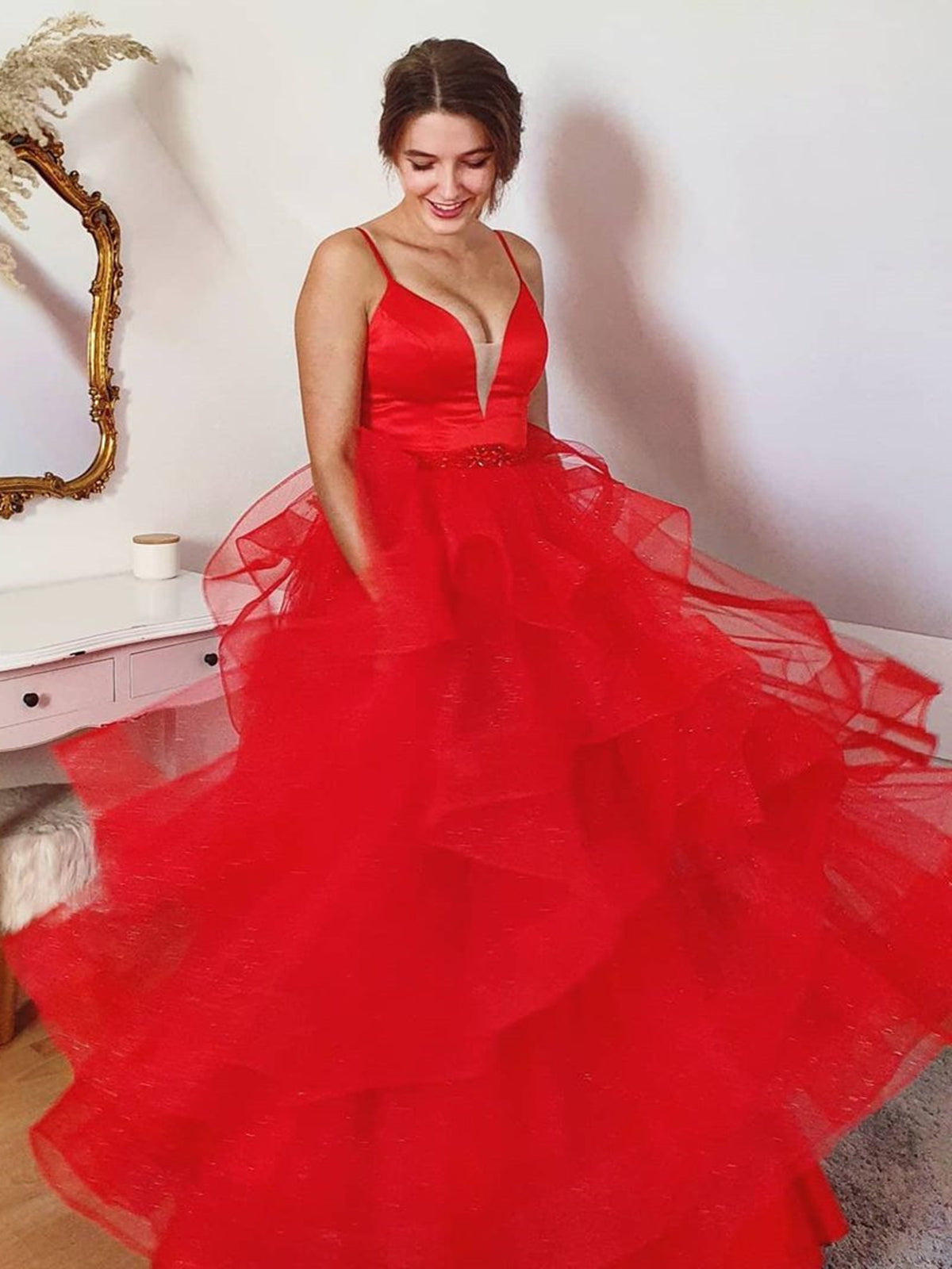 Long A-line Sweetheart Tulle Prom Dress Red Formal Evening Gowns