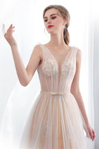 Long A-line Tulle Backless Champangne Evening Dresses