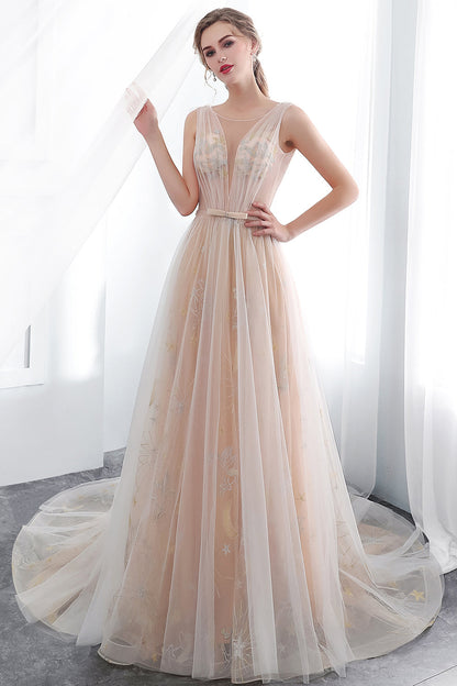 Long A-line Tulle Backless Champangne Evening Dresses