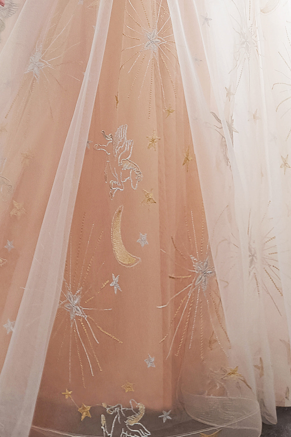 Long A-line Tulle Backless Champangne Evening Dresses