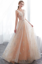 Long A-line Tulle Backless Champangne Evening Dresses