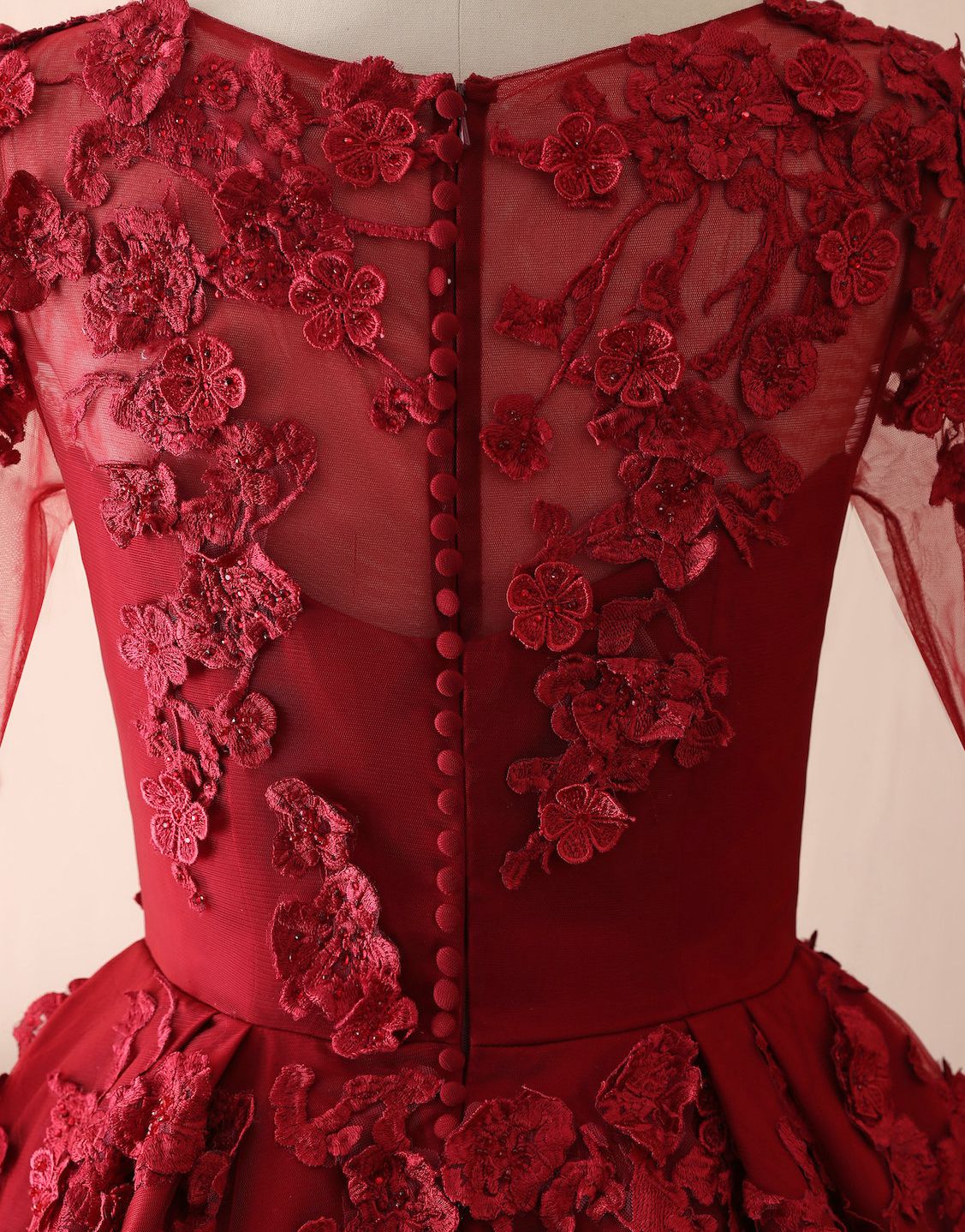 Long A-line Tulle Jewel 3D Floral Appliques Lace Prom Dress