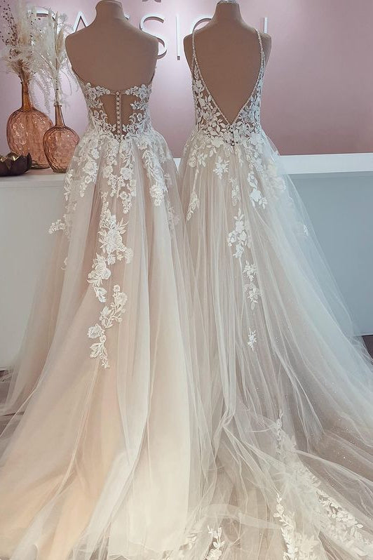 Vestido de novia largo de corte A con apliques de encaje de tul y espalda descubierta