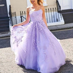 Vestido de fiesta largo de tul con encaje y espalda descubierta con cordones