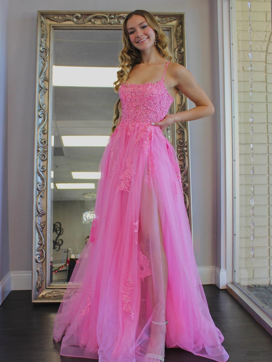 Long A-line Tulle Lace Backless Prom Dress with Slit Pink Formal Evening Gowns