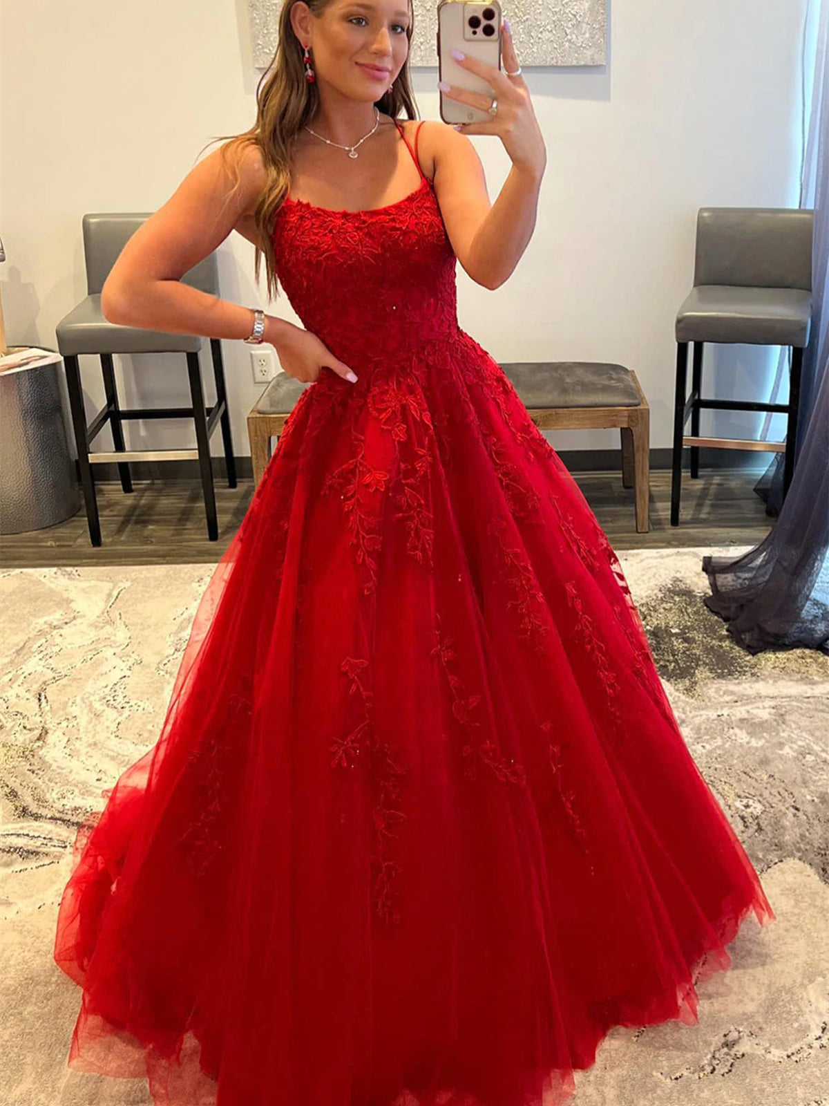 Vestidos de fiesta largos de tul con encaje y espalda descubierta en línea A, vestidos de noche formales rojos