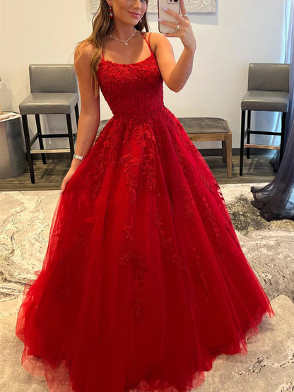 Vestidos de fiesta largos de tul con encaje y espalda descubierta en línea A, vestidos de noche formales rojos