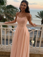 Vestidos de fiesta formales largos de tul con encaje y espalda abierta