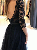 Vestido de fiesta formal largo de tul con encaje, espalda abierta, abertura frontal y media manga
