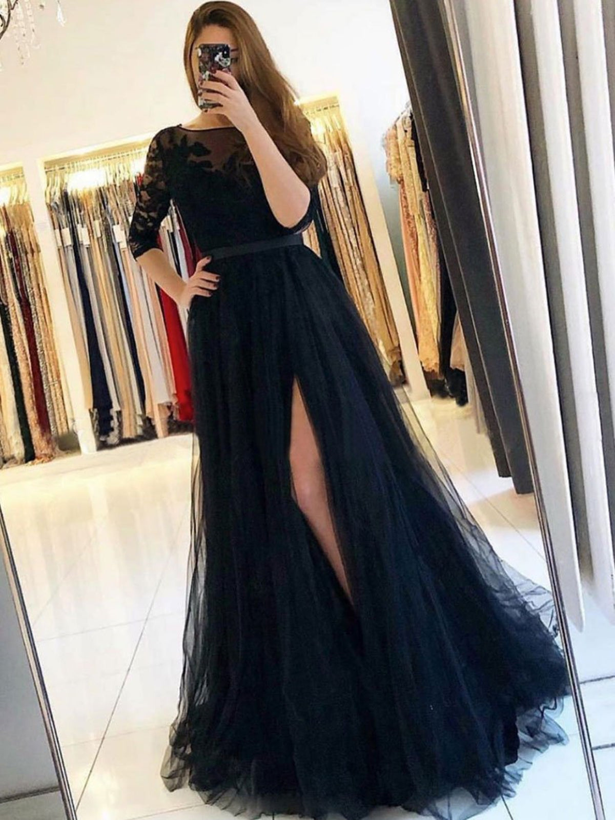 Vestido de fiesta formal largo de tul con encaje, espalda abierta, abertura frontal y media manga