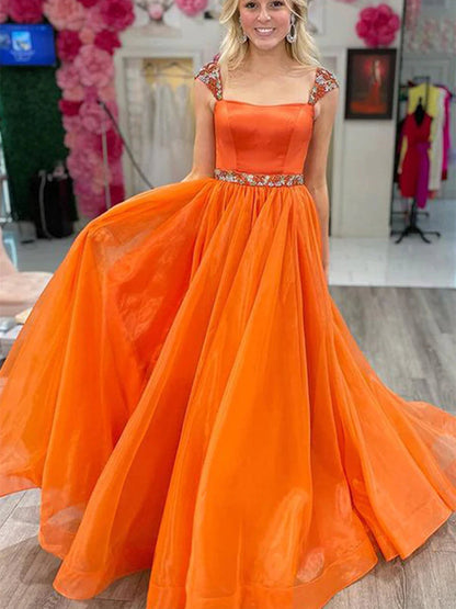 Langes A-Linien-Tüll-Ballkleid mit Flügelärmeln Orange Formelle Abschluss-Abendkleider