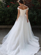 Long A-line Tulle White Prom Dress Off the Shoulder Formal Graduation Evening Dresses