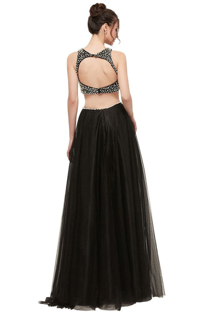 Long A-line Two-piece Tulle Crew Sleeveless Prom Dresses with Pearls