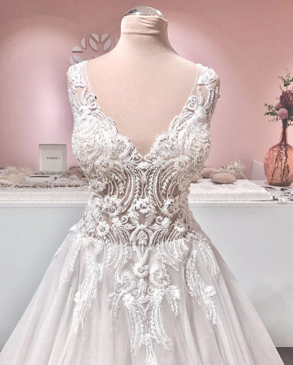 Long A-line V-neck Appliques Lace Backless Tulle Ruffles Wedding Dress