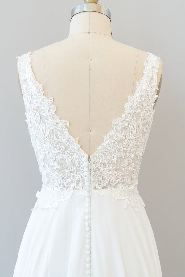 Long A-line V-neck Appliques Lace Chiffon Wedding Dress