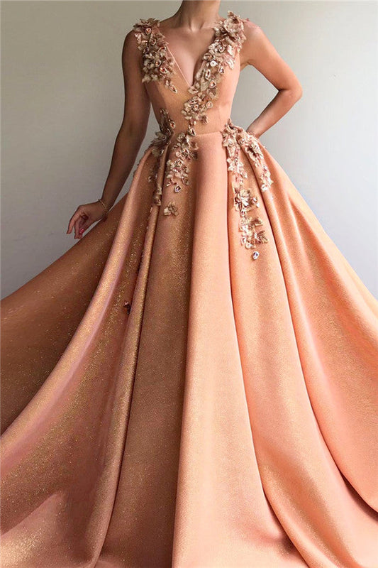 Langes A-Linien-Ballkleid aus Satin mit V-Ausschnitt und Applikationen